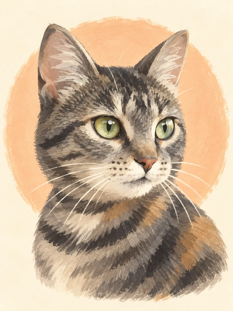同じ猫の写真から描き起こした絵本イラストの作例