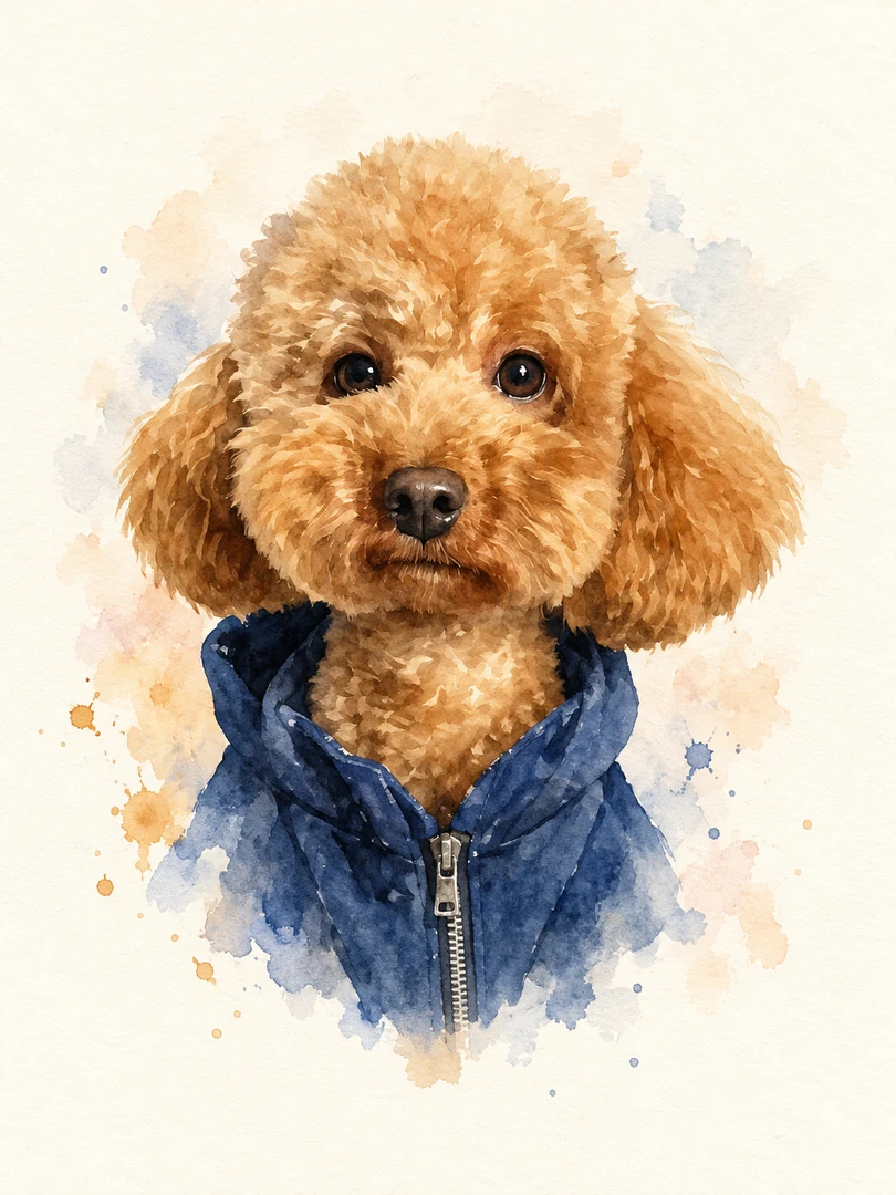 プードルの透明水彩の作例